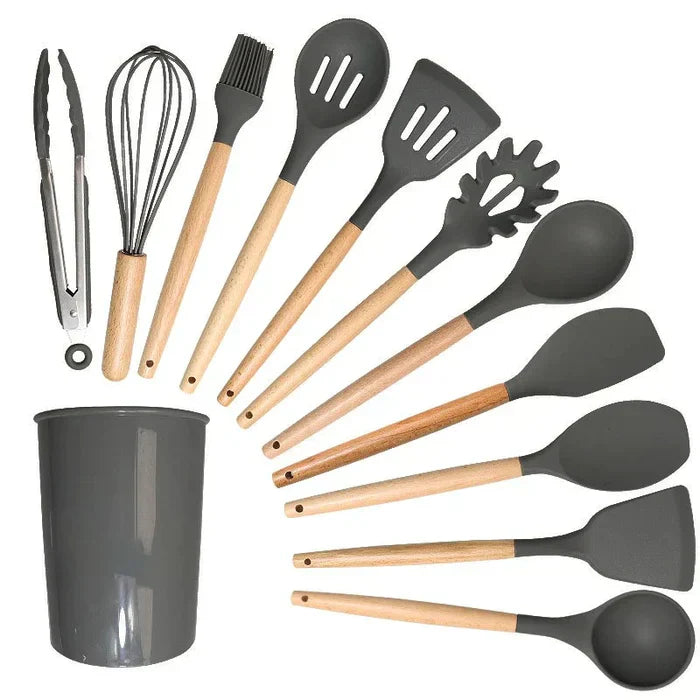 Silikon-Küchenhelfer-Set mit Holzgriff
